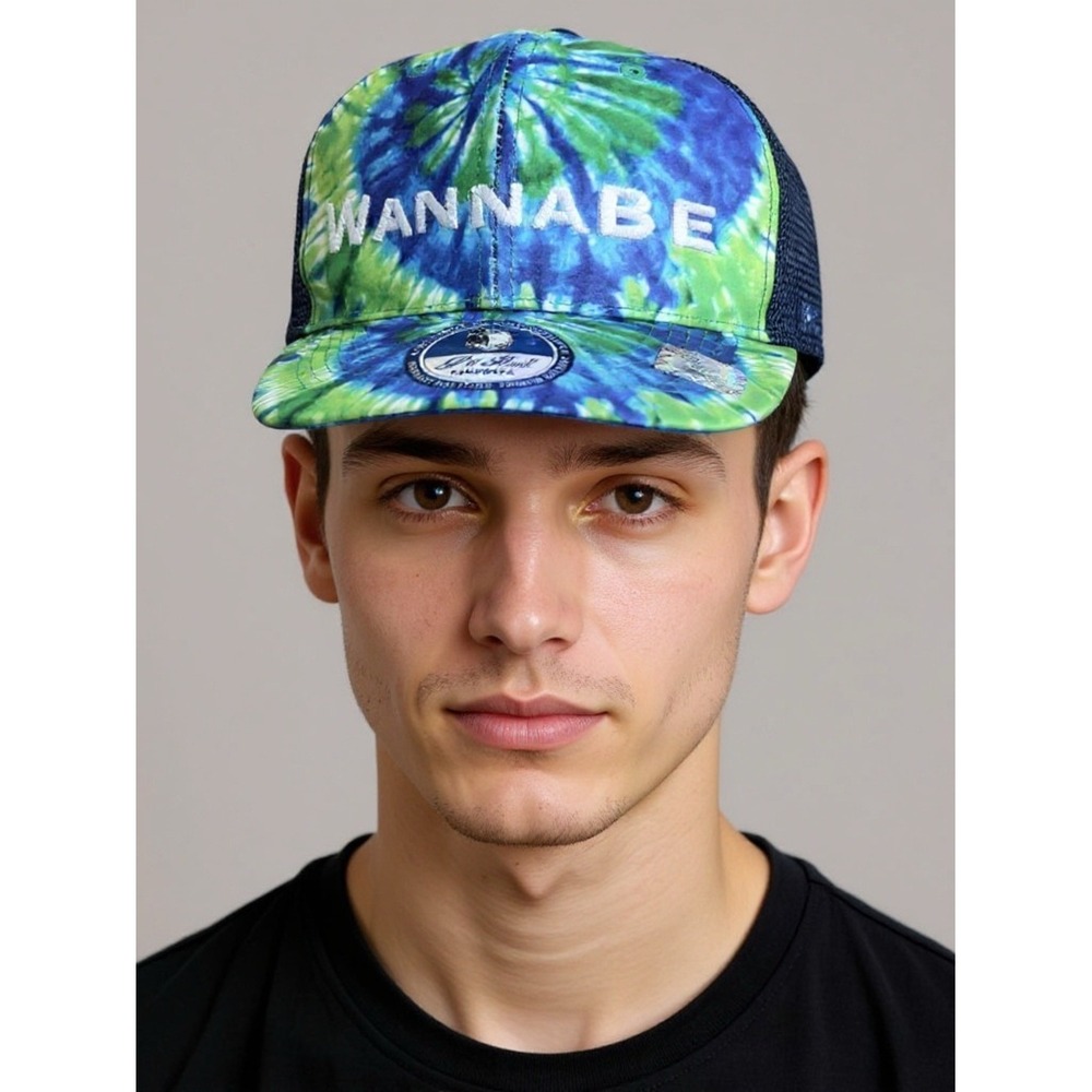 Pit Bull Tie-Dye Snapback Hat - Blue and Green Wannabe Embroidered Trucker NWT